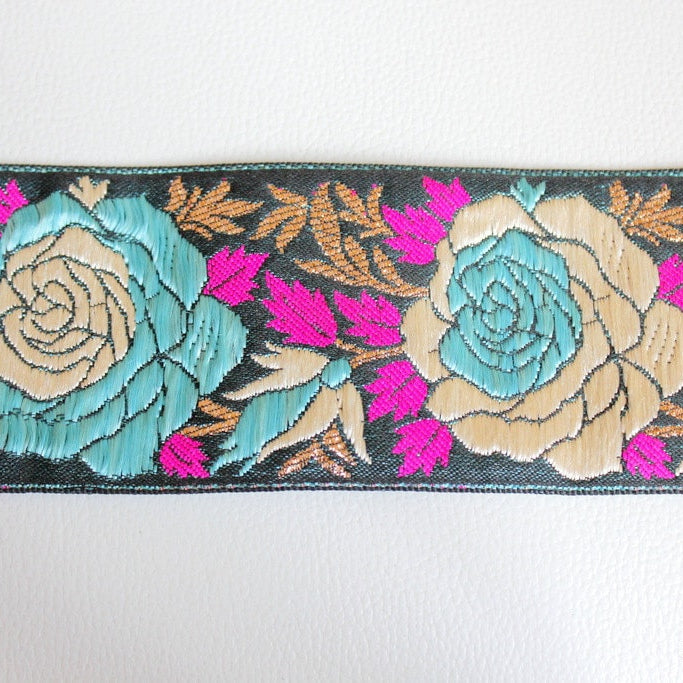 Black Fabric Lace With Rose Floral Design, Pink, Blue