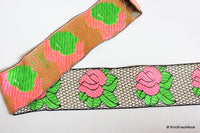 Thumbnail for Wholesale Black And White Lace With Pink Rose And Green Leaves Floral Trim, Approx. 47mm wide Rose Jacquard Trim Wholesale Trim By 9 Yards