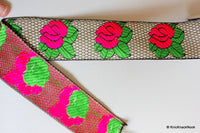 Thumbnail for Wholesale Black And White Lace With Fuchsia Pink Rose And Green Leaves Floral Trim, Approx. 47mm wide, Trim By 9 Yards Floral Jacquard Trim