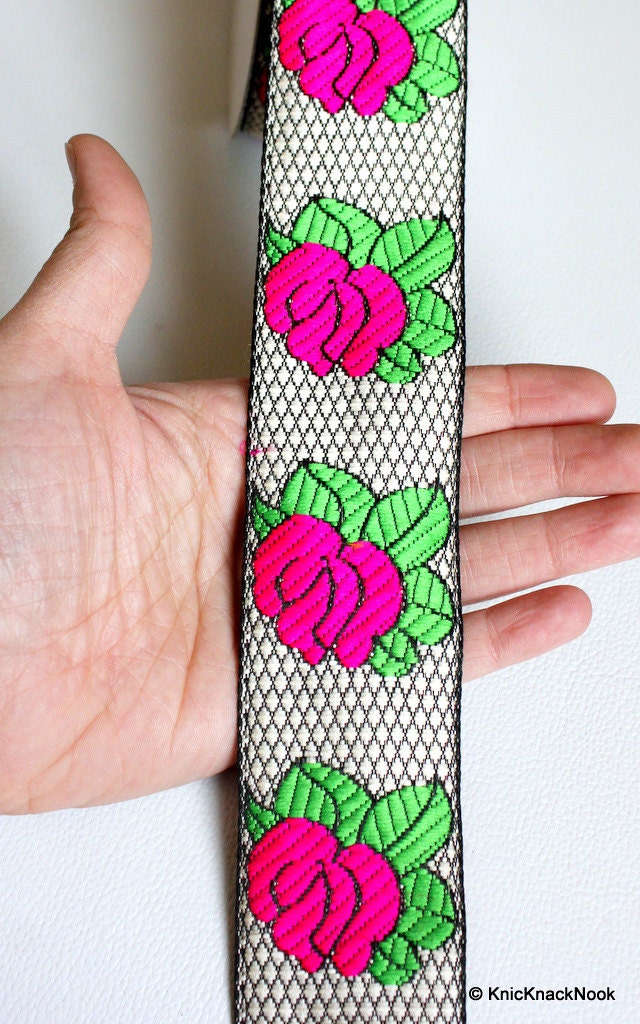 Black And White Lace With Fuchsia Pink Rose And Green Leaves Floral Trim, Approx. 47mm wide