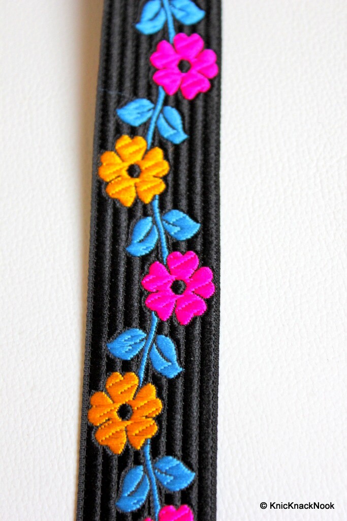 Black Fabric Trim With Yellow And Fuchsia Pink Flowers And Blue Leaves Embroidery Lace, Approx. 34mm Wide