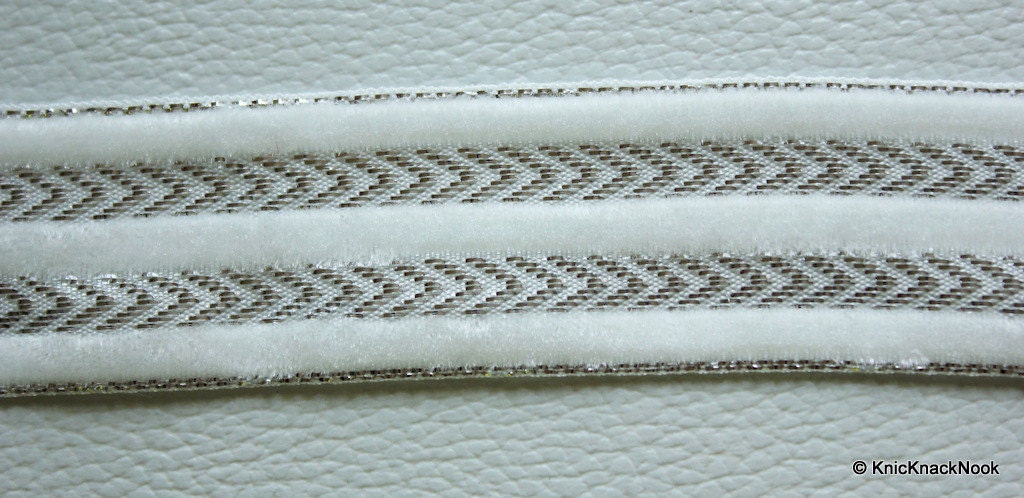 9 Yards White Fabric Lace Trim With Shining Silver Embroidery, Approx. 21 mm wide, Wholesale Trim