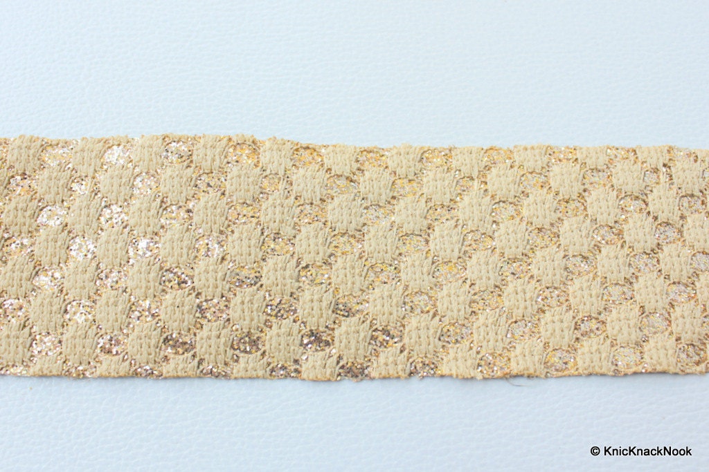 Faux Leather Trim Lace With Tan Embroidery And Gold Polka Dots, Approx 56 mm Wide