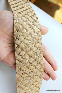 Thumbnail for Faux Leather Trim Lace With Tan Embroidery And Gold Polka Dots, Approx 56 mm Wide