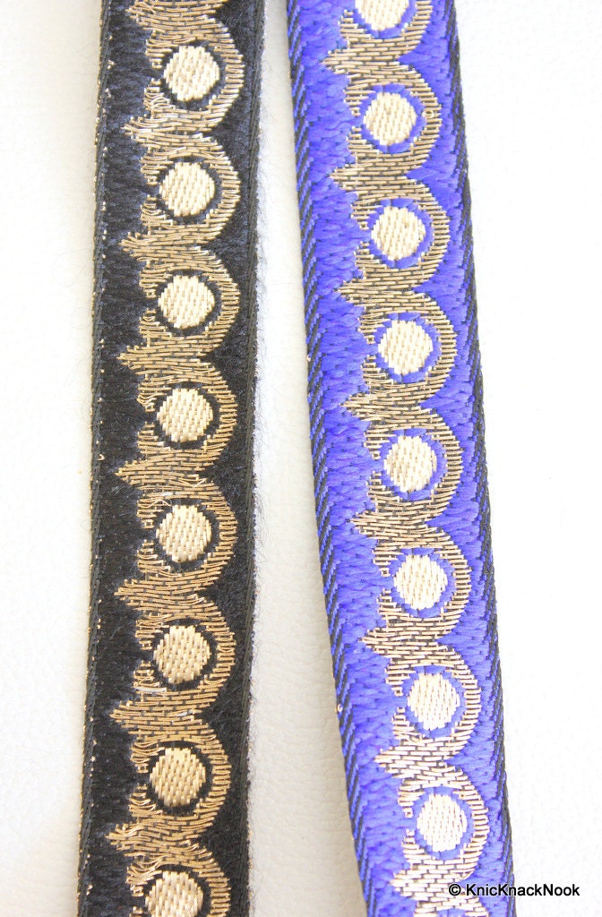 Royal Blue And Gold Embroidery Fabric Lace Trim, Approx. 20mm Wide