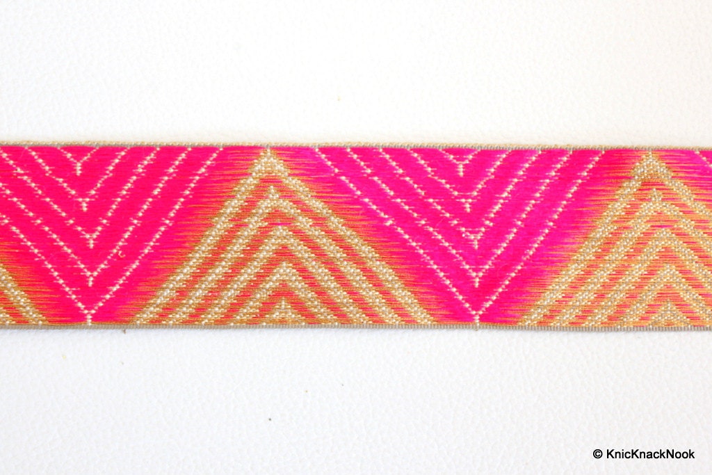 Wholesale Fuchsia Pink And Gold Temple Border Embroidery Lace Trim, Approx. 42mm Wide