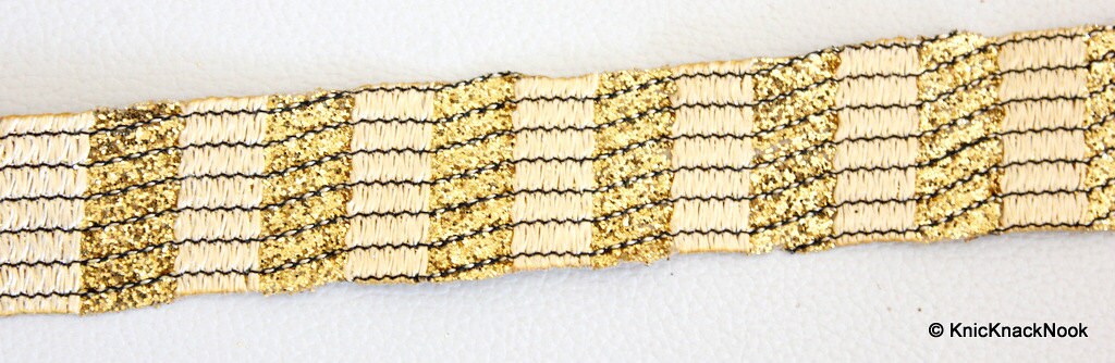 Wholesale Faux Leather Trim Lace With Light Brown Embroidery And Gold Glitter, Approx 28 mm Wide Belt Trim Craft Decorative Trimming 9 Yards