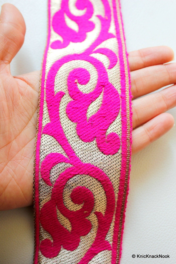 Wholesale Jacquard Floral Border in Fuchsia Pink And Bronze Lace Trim, Approx. 60mm Wide Indian Sari Trim Craft Ribbon Trim By 9 Yards