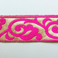 Thumbnail for Wholesale Jacquard Floral Border in Fuchsia Pink And Bronze Lace Trim, Approx. 60mm Wide Indian Sari Trim Craft Ribbon Trim By 9 Yards