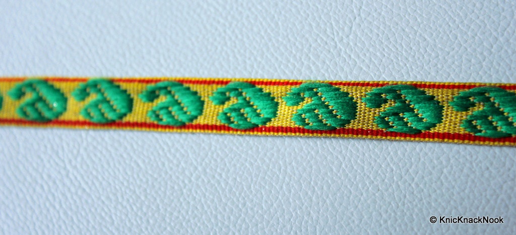 Wholesale Yellow Fabric Trim With Green And Red Embroidery Thread Lace Trim, 15mm wide