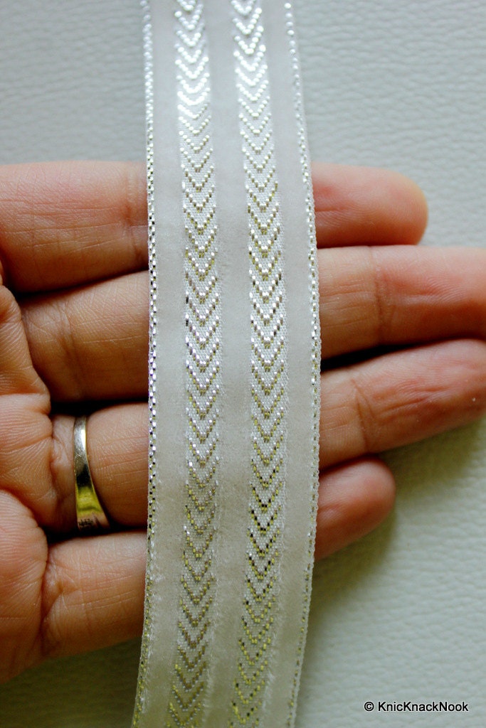 9 Yards White Fabric Lace Trim With Shining Silver Embroidery, Approx. 21 mm wide, Wholesale Trim