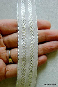 Thumbnail for 9 Yards White Fabric Lace Trim With Shining Silver Embroidery, Approx. 21 mm wide, Wholesale Trim