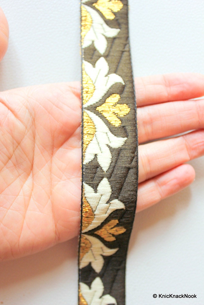 Brown, Gold And Beige Embroidery Fabric Lace Trim, Approx. 28mm Wide