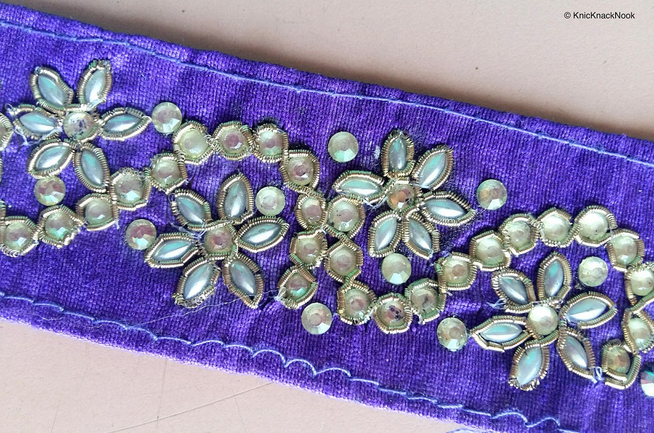 Wholesale Purple And Silver Thread Embroidery Kundan Work 8 Yard Lace Trim 40mm Wide Costume Trim Fashion Trim