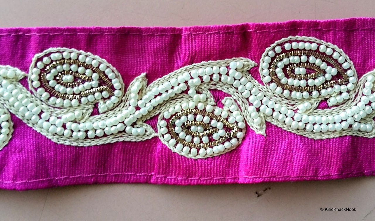 Wholesale Fuchsia Pink Trim With White Pearl Beads And Beige And Gold Embroidery Fashion Trim Costume Trim Decorative Trim By 8 Yards