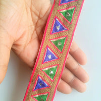 Thumbnail for Gold Fabric Trim With Brown, Green,  Blue / Red And Fuchsia Pink / Orange Thread Triangle Embroidery - 200317L270/71