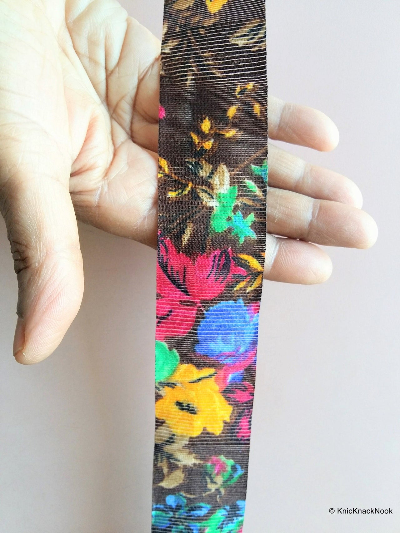 Wholesale Brown Bhagalpuri Silk Fabric Trim With Pink, Green, Blue And Yellow Floral Designs - 200317L29