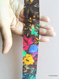 Thumbnail for Wholesale Brown Bhagalpuri Silk Fabric Trim With Pink, Green, Blue And Yellow Floral Designs - 200317L29