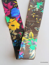 Thumbnail for Wholesale Brown Bhagalpuri Silk Fabric Trim With Pink, Green, Blue And Yellow Floral Designs - 200317L29