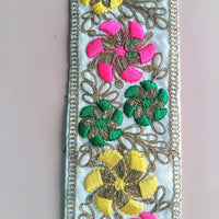 Thumbnail for Off White Fabric Trim With Bronze, Green, Pink And Blue/Yellow Floral Embroidery