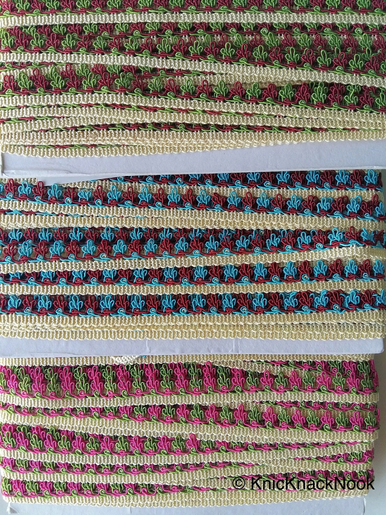 Pink, Green And Beige Thread Embroidered Lace Trim, 16mm wide