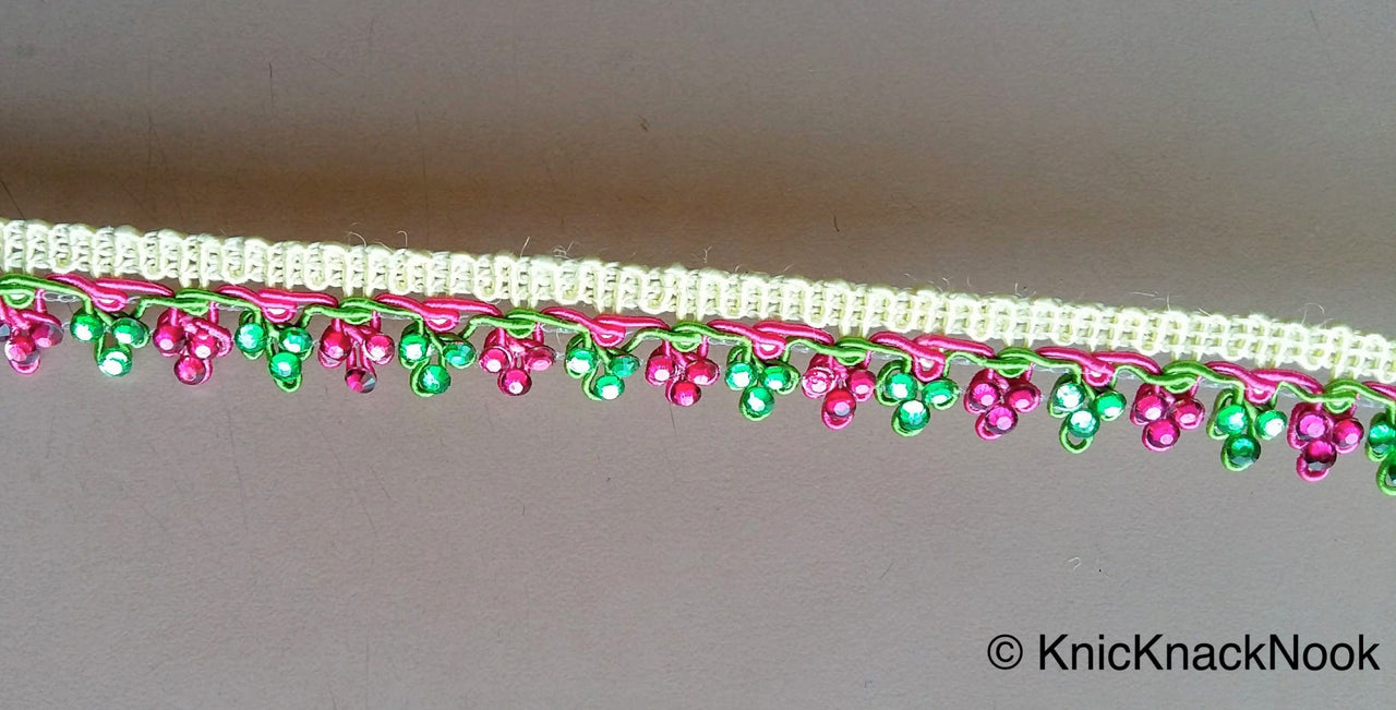 Pink, Green And Beige Thread Embroidered Lace Trim With Flatback Beads, 21mm wide