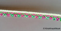 Thumbnail for Pink, Green And Beige Thread Embroidered Lace Trim With Flatback Beads, 21mm wide