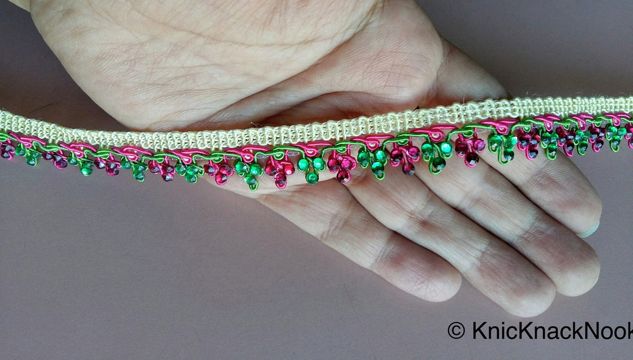 Pink, Green And Beige Thread Embroidered Lace Trim With Flatback Beads, 21mm wide