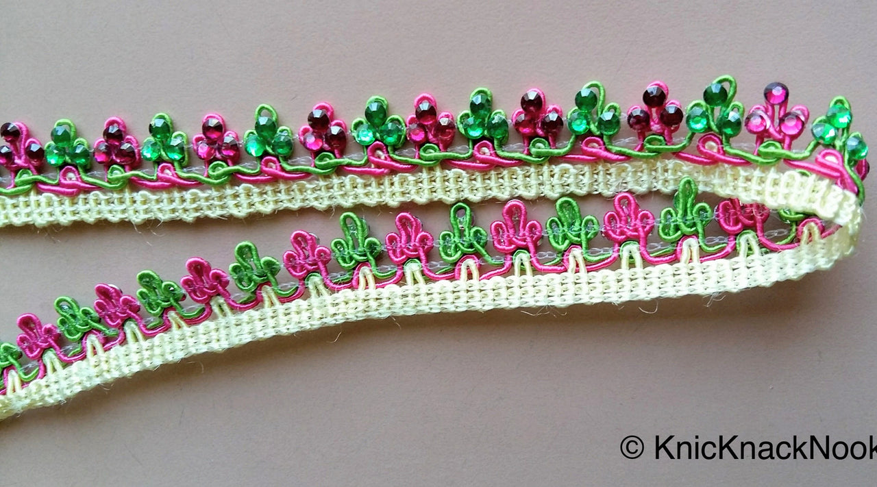 Pink, Green And Beige Thread Embroidered Lace Trim With Flatback Beads, 21mm wide