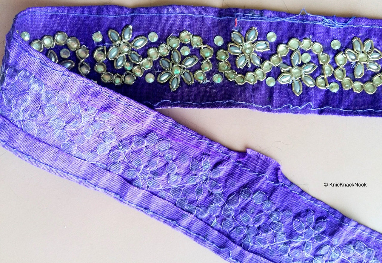 Wholesale Purple And Silver Thread Embroidery Kundan Work 8 Yard Lace Trim 40mm Wide Costume Trim Fashion Trim