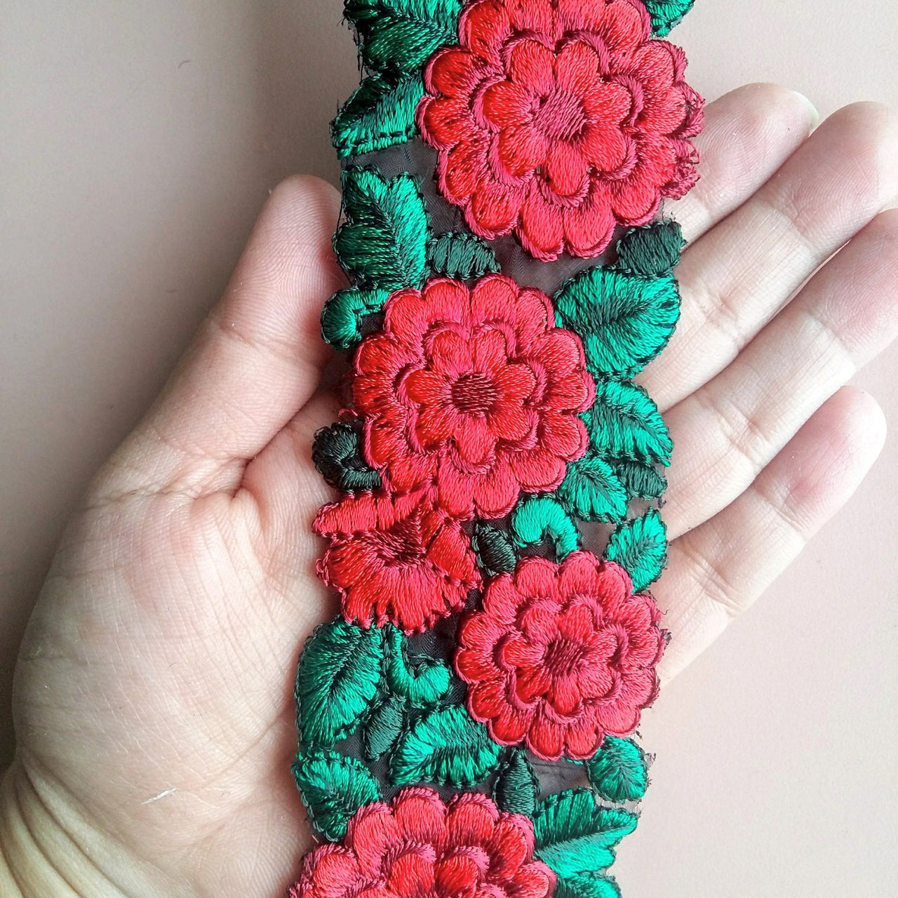 Black Fabric Trim With Red And Green Floral Embroidery, 50mm wide - 200317L332