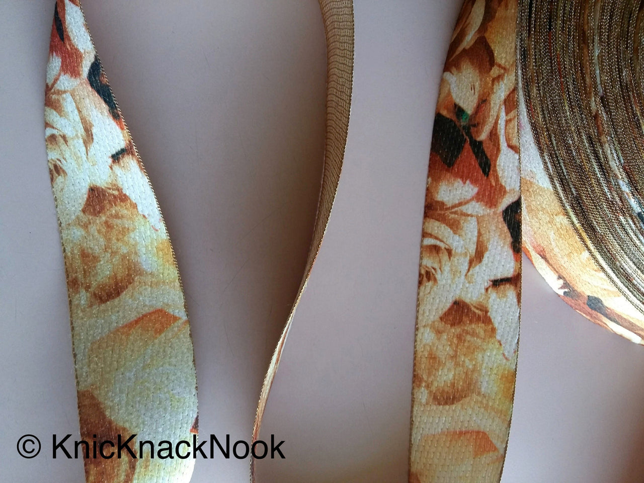 Wholesale Gold and Brown Print Floral Rose Fabric Trim, Printed Trim, Approx. 40mm - 200317L21