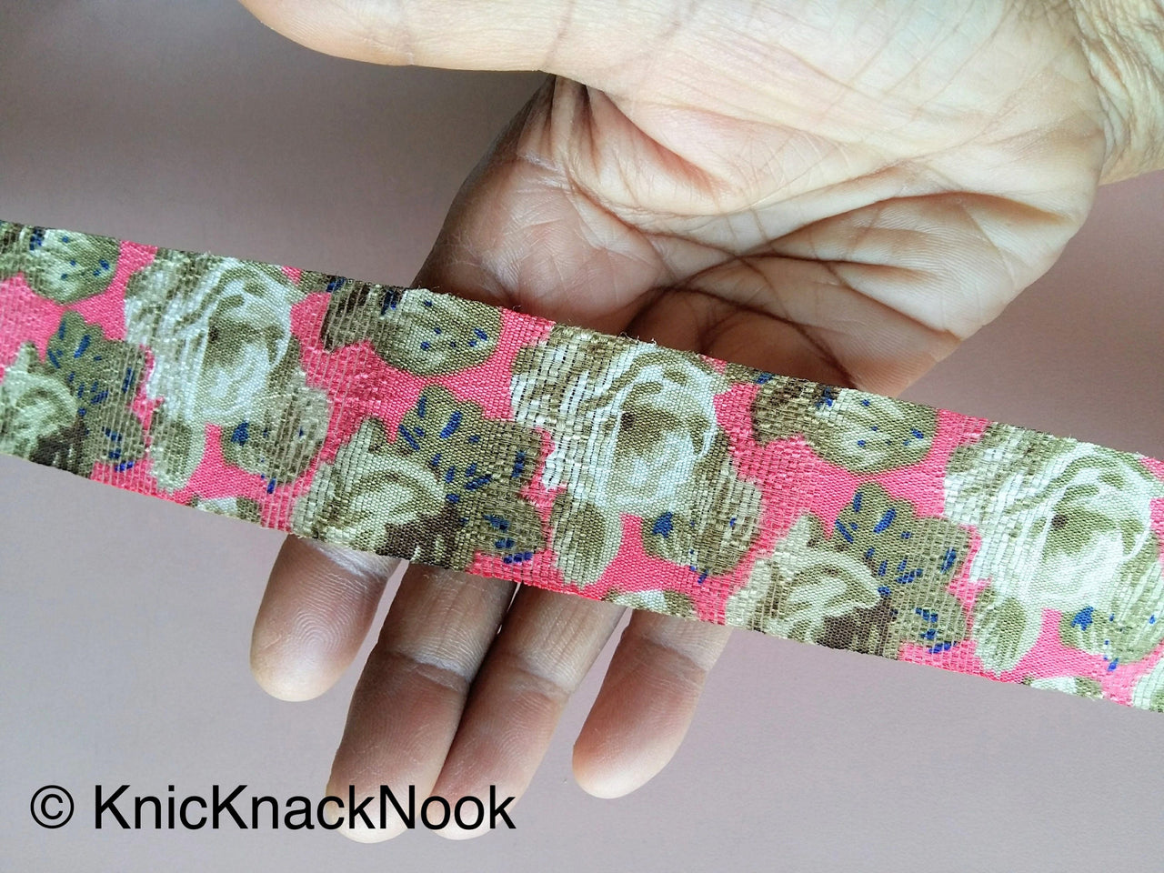 Wholesale Coral Pink And Green Bhagalpuri Silk Fabric Trim Floral Designs, Approx. 40mm - 200317L28