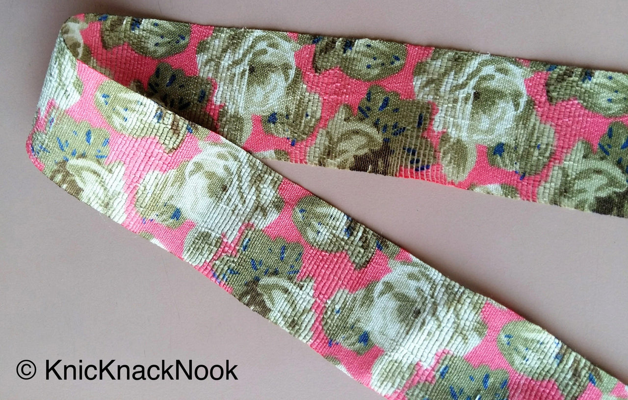 Coral Pink And Green Bhagalpuri Silk Fabric Trim Floral Designs, Approx. 40mm - 200317L28