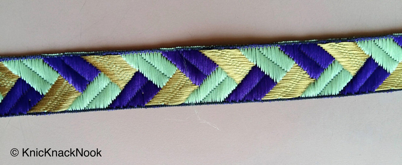 Wholesale Purple / Fuchsia Pink, Green And Gold Embroidered Trim, Geometric Pattern