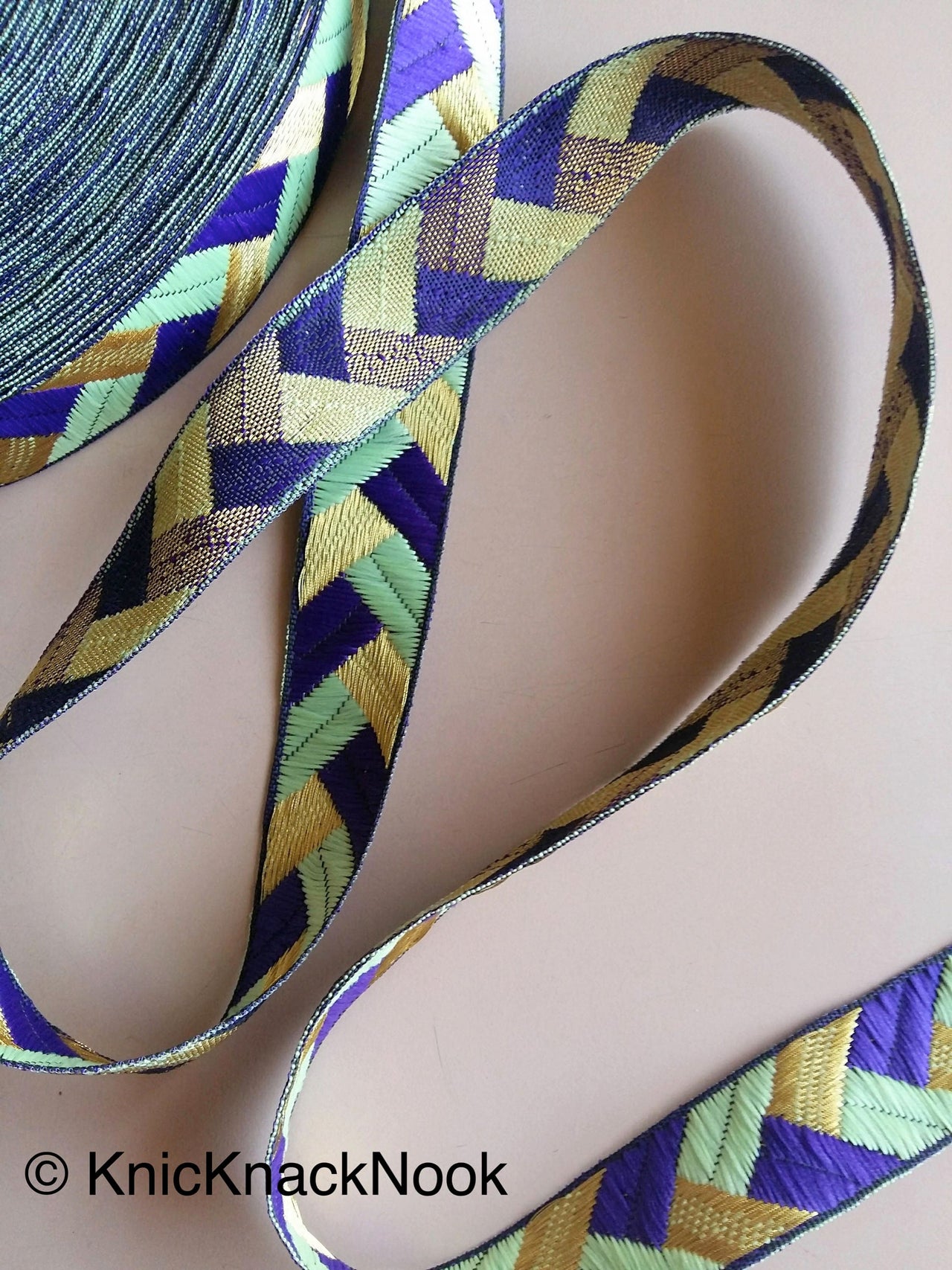 Wholesale Purple / Fuchsia Pink, Green And Gold Embroidered Trim, Geometric Pattern