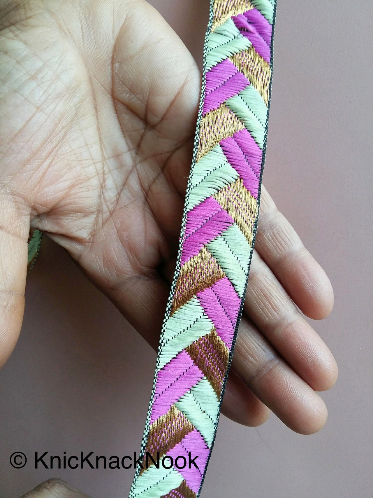 Wholesale Purple / Fuchsia Pink, Green And Gold Embroidered Trim, Geometric Pattern