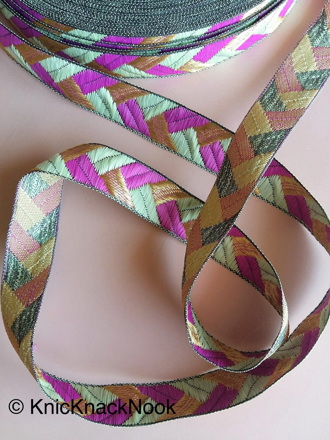 Wholesale Purple / Fuchsia Pink, Green And Gold Embroidered Trim, Geometric Pattern