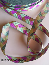 Thumbnail for Wholesale Purple / Fuchsia Pink, Green And Gold Embroidered Trim, Geometric Pattern