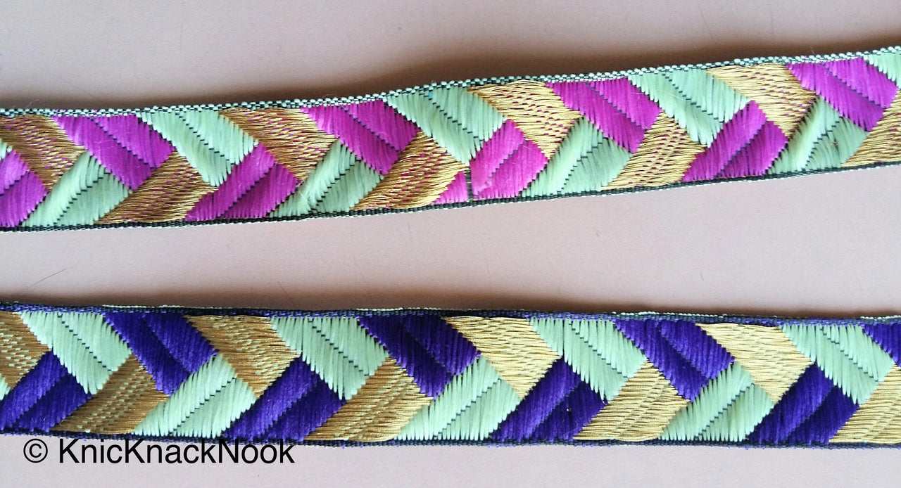 Wholesale Purple / Fuchsia Pink, Green And Gold Embroidered Trim, Geometric Pattern