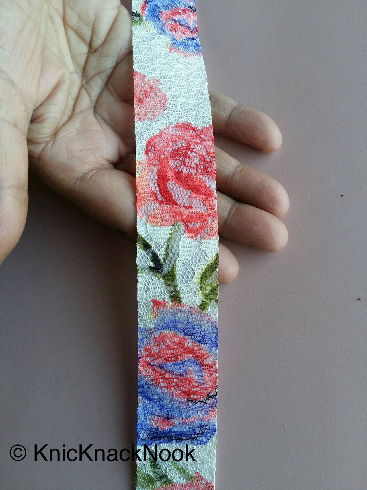 Beige, Red, Green And Blue Floral Net Lace Trim Ribbon 30mm wide - 200317L24