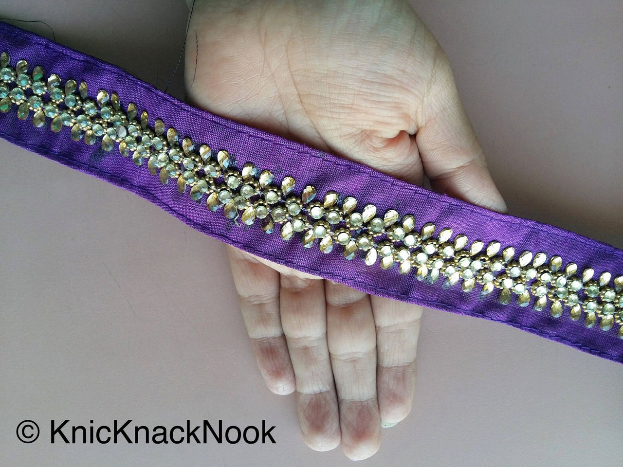 Purple / Blue / Brown Fabric Trim With Silver And Gold Kundan Beads Work, Approx. 36mm Wide - 200317L526/27/28