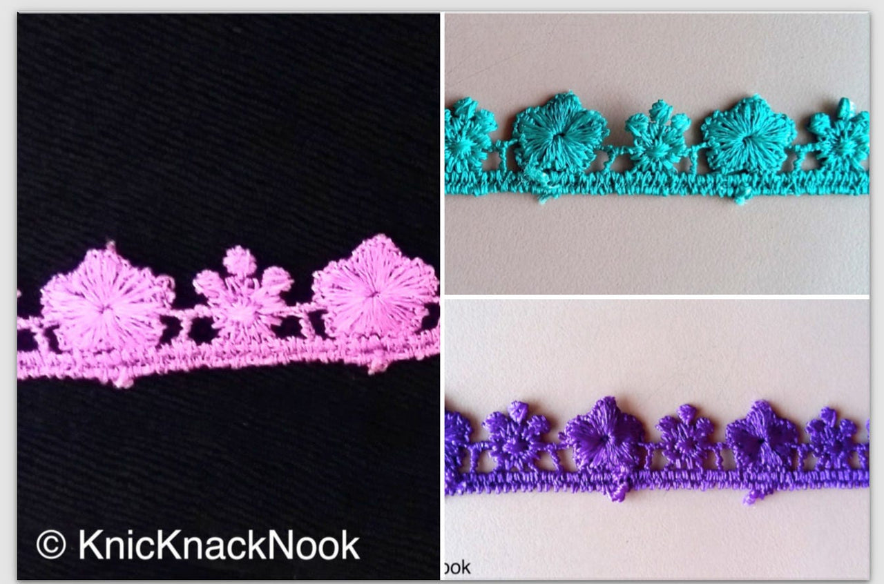 Purple / Violet / Green Embroidery, Flower Pattern, Crochet (Cotton) One Yard Lace Trims 15mm Wide - 200317L61/62/63