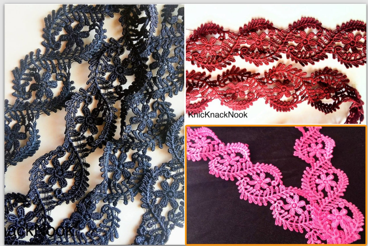 Wholesale Blue Floral Embroidery Crochet (Cotton) Nine Yard Lace Trim, Approx. 55mm Wide, Navy Blue Venise Decorative Trim