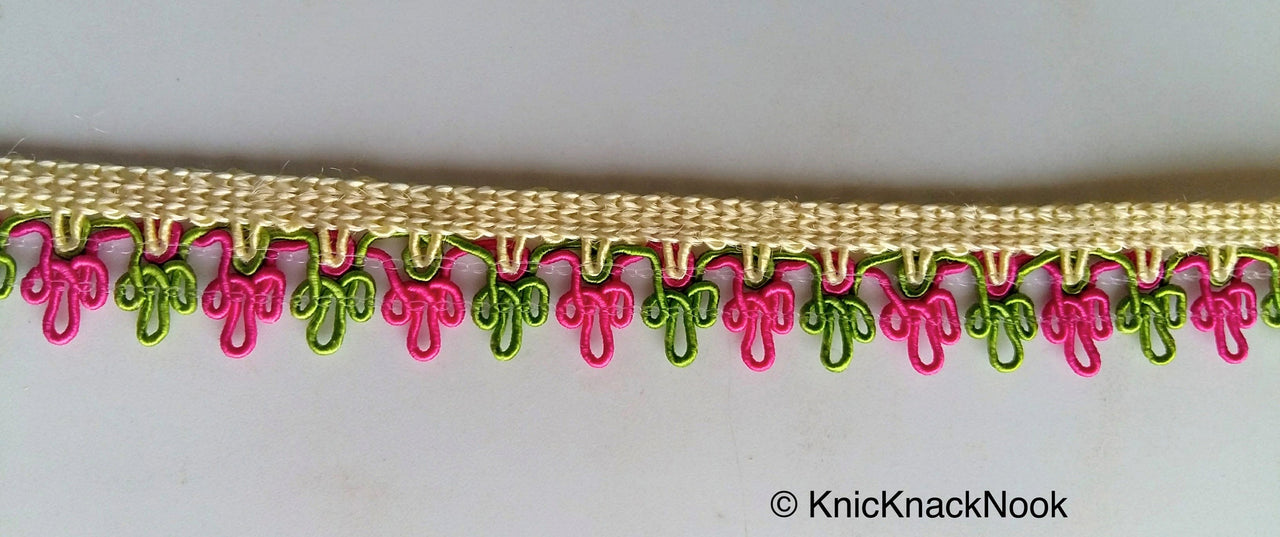 Pink, Green And Beige Thread Embroidered Lace Trim, 16mm wide