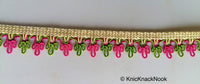 Thumbnail for Pink, Green And Beige Thread Embroidered Lace Trim, 16mm wide