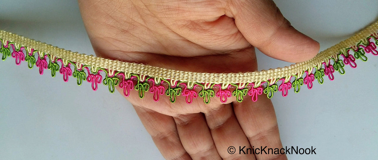 Pink, Green And Beige Thread Embroidered Lace Trim, 16mm wide