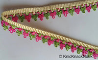 Thumbnail for Pink, Green And Beige Thread Embroidered Lace Trim, 16mm wide