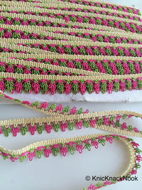 Thumbnail for Pink, Green And Beige Thread Embroidered Lace Trim, 16mm wide