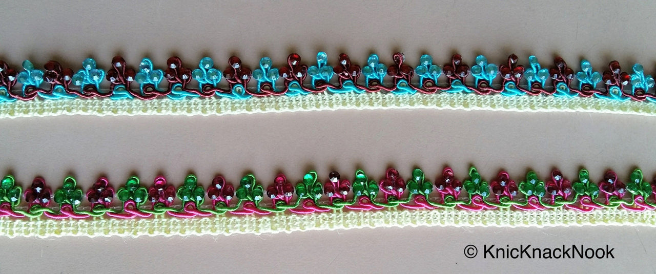 Pink, Green And Beige Thread Embroidered Lace Trim With Flatback Beads, 21mm wide